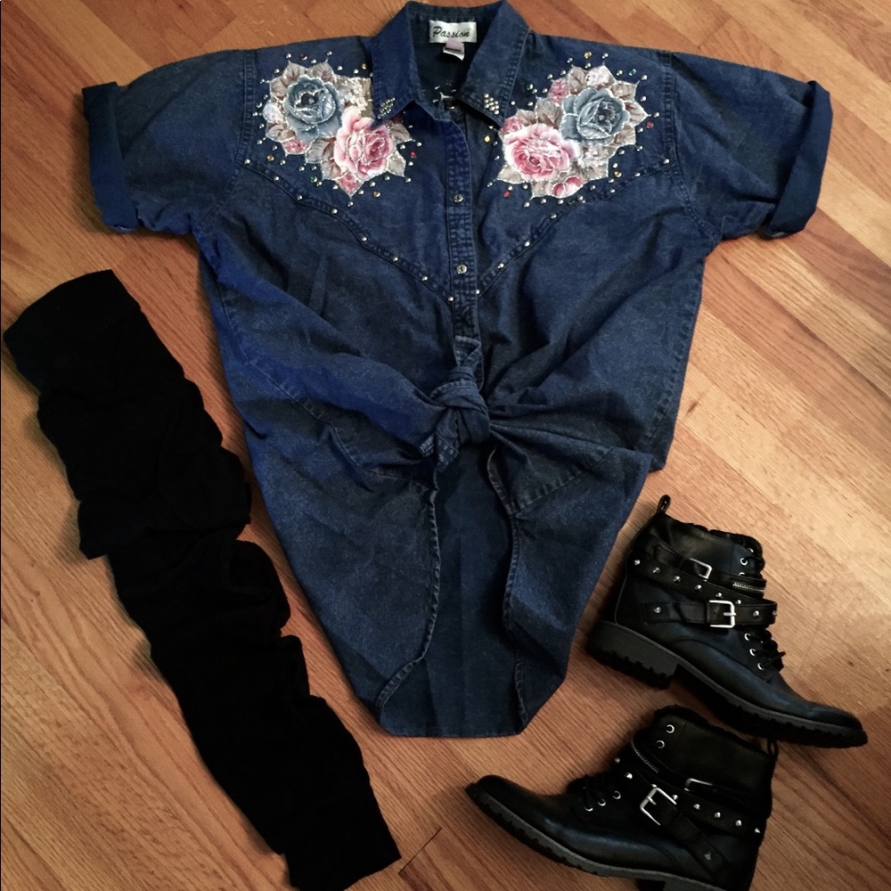 Vintage Bedazzled Jean Floral Shirt